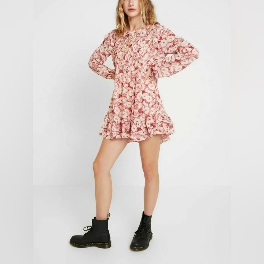 FREE PEOPLE Mini Babydoll Dress Womens XSmall Floral Pleated Boho Ruffle Pretty